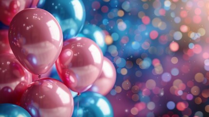 Pink and Blue Balls and Confetti on a Blue Background
