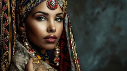 Beautiful amazing Libya woman on studio background. Copy Space
