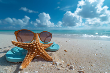 Starfish with sunglasses on sandy beach with flip-flops. Summer holiday and vacation concept for travel and tourism design