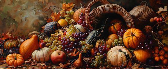 A Thanksgiving cornucopia overflowing with harvest bounty, leaving room for your gratitude. - obrazy, fototapety, plakaty