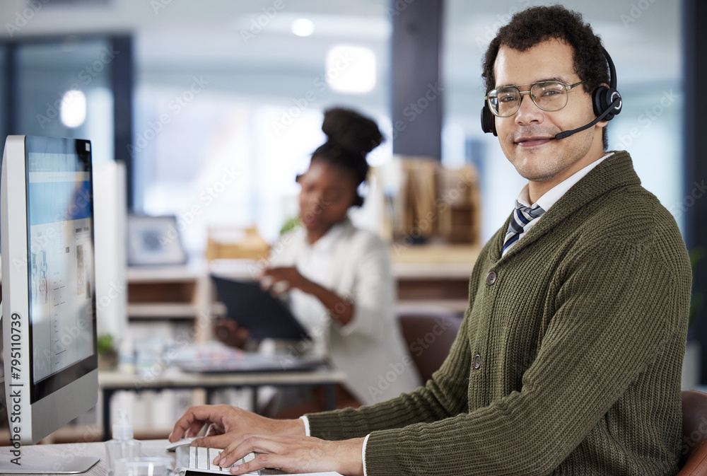Poster man, portrait or computer at call center with headset for support, customer with questions or conver