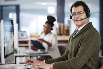 Man, portrait or computer at call center with headset for support, customer with questions or...