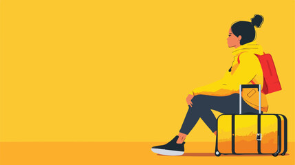 Young woman with suitcase sitting on yellow background