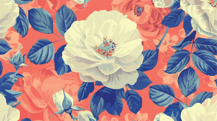 Pattern on a coral background with a white wild rose