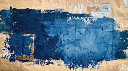 Abstract Painting with Varied Blue Strokes and Patterns on Vintage Paper