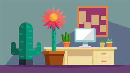A sleek home office featuring a statement piece a large cactus with ly spines and a vibrant blooming flower on top adding a touch of desert beauty.. - obrazy, fototapety, plakaty