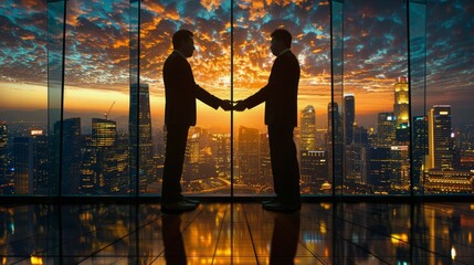 Two Men Shaking Hands in Front of a Cityscape