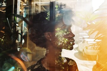Creative portrait of a woman reflected in a glass showcase with beautiful sunlight, glare and double exposure
