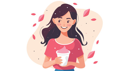 Young woman with tasty yogurt on white background vector