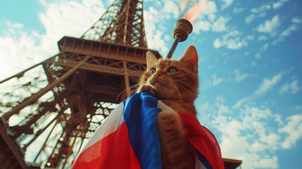 cat holding the  torch in front of Eiffel Tower - obrazy, fototapety, plakaty