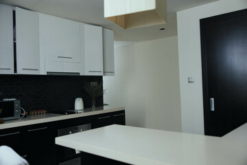 Modern Monochrome Kitchen with Black and White Sink and White Countertop in Contemporary Interior Design Style