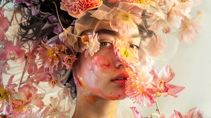 Young woman model surrounded by flowers. In the style of fashion editorial. Face in flowers