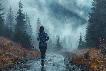 Obraz premium An athletic woman running in a remote, foggy forest setting, exuding peaceful solitude and determination with each stride