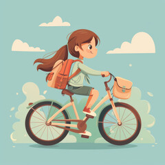 An illustration of a cheerful young girl with a backpack riding a bicycle under a clear blue sky with puffy clouds.