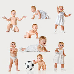 Collage. Little beautiful girl, toddler in diaper and cute dress in motion, playing isolated on white background. Concept of childhood, health care, baby emotions, growth - obrazy, fototapety, plakaty