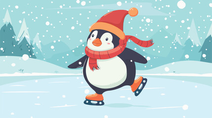Penguin skating. Winter character with hat and scarf