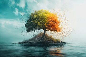 A tree with leaves of different colors is on a rock in the water