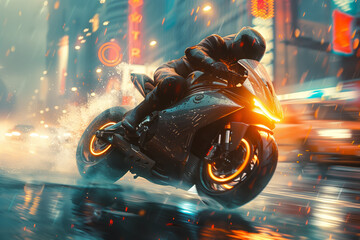 A biker on a futuristic motorcycle rushes through the streets of a night city flooded with neon lights