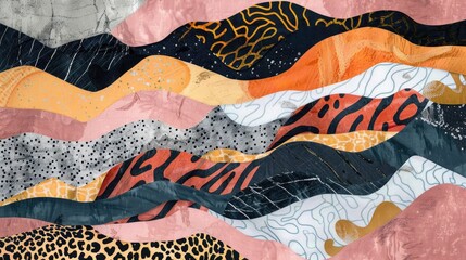 Abstract fabric collage design featuring wave and line patterns with leopard snake and tiger prints