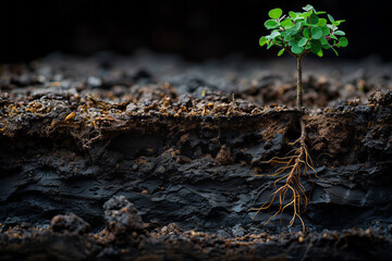 Close-up of a sprout taking root in the ground, an underground texture in soil cut