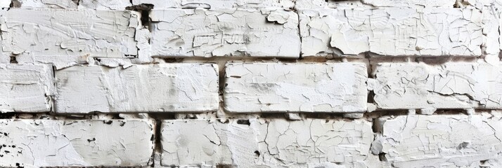 White Painted Brick Wall Texture. Panoramic Background of Old Whitewashed Stonewall