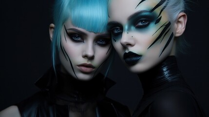 Naklejka premium Beautiful Scandinavian woman with model looks, doing cyberpunk streaming makeup.