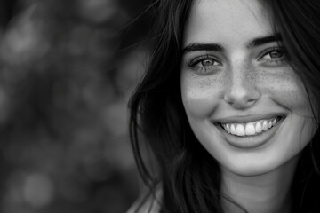 Smiling Brunette. Black and White Portrait of a Cheerful Young Woman