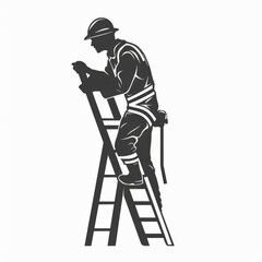 Silhouette of a worker climbing a step ladder, represented in a graphic black and white illustration.