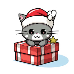 clipart kawaii, cute cat wearing a christmas hat, sitting on top of a present сreated with Generative Ai