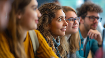 Fototapeta premium Students participating in a panel discussion on the future of education and learning technologies. Knowledge, study, friendship, respect for each other, education