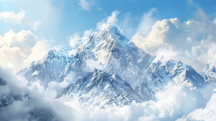 Snow-covered mountain peaks and sky with white clouds.