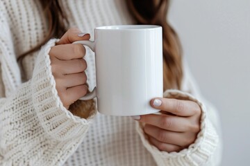 Cozy woman in sweater holding white coffee mug mockup in natural light setting at home