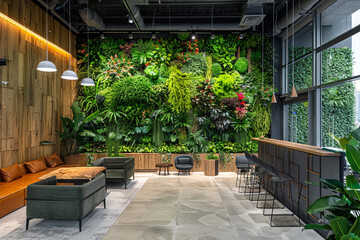 Fototapeta na wymiar A nature-inspired office interior featuring biophilic design elements like living plant walls, natural wood finishes, and earthy color palettes.