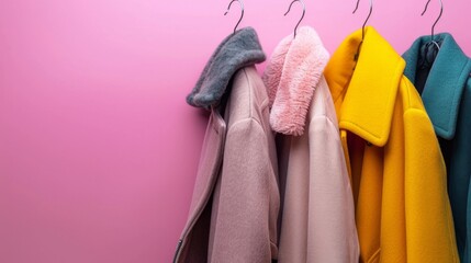 A row of coats hanging on a rack against pink wall, AI - obrazy, fototapety, plakaty