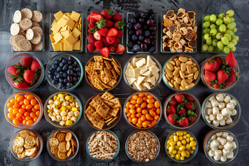 Horizontal array of homemade snacks ready for a healthy break - obrazy, fototapety, plakaty