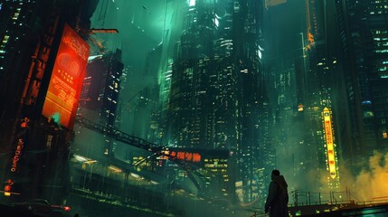 Ambush in the cyberpunk urban jungle. Copy Space