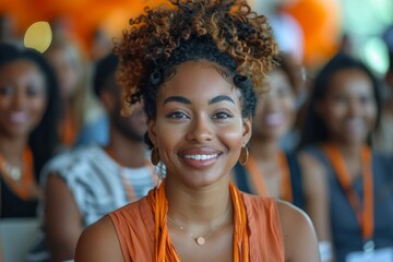 An elegant lady with curly hair adorned in an orange accessory attends a blurred event, suggesting a festive or professional occasion