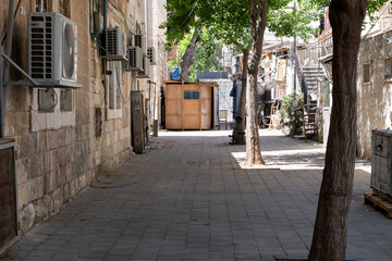 A street scene in Jerusalem during Sukkot, in which temporary, wooden or fabric structures called a sukkah are erected as part of the ritual observance of the weeklong Jewish holiday.