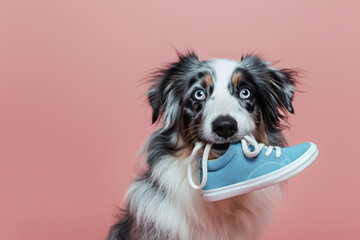 Dog with shoe in its mouth. Australian Shepherd Puppy chewing sneakers on pink color background. Happy dog eating, bite a sneaker playing, destroying it. Playful pet. Training of funny naughty dog