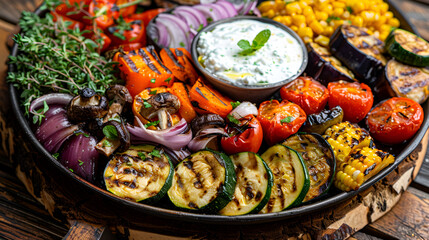 Delicious grilled vegetables on a plate, vegetarian barbecue and dipping sauce,  pieces of different grilled vegetables, closeup, roast pepper slices with red onion wedges and zucchini on white plate 