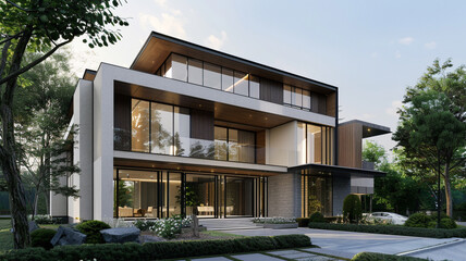 A contemporary home with a minimalist facade, showcasing a balance of materials such as wood, metal, and stone, set against a clear sky.