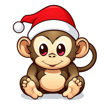 clipart kawaii, cute monky wearing a christmas hat, soft pastel colour scheme, white background сreated with Generative Ai