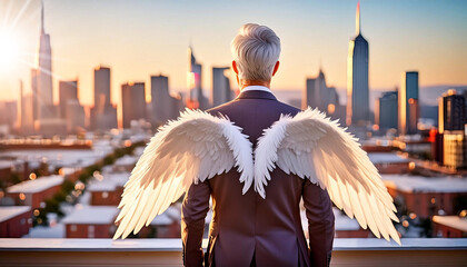 Close-up and back view of a businessman dressed formally, with white angel wings on his back looking a modern city with tall skyscrapers, from the top of his office at sunset or sunrise. Generative Ai