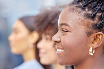 Profile, diverse and women for interview, hiring and job opportunity as candidates in business or company. Multicultural, female people for recruitment, onboarding and human resources in workplace