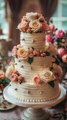 Wedding Cake Adorned With Flowers