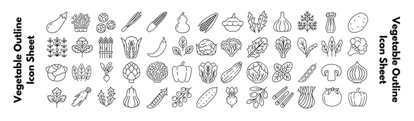 Vegetable Outline Icons Set, Vegetable Icons Sheet, Pumpkin, Onion, Tomato, Chayote, Potato, Garlic, Beetroot and more