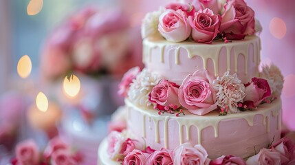 Obraz na płótnie Canvas Wedding Cake Adorned With Pink and Orange Flowers