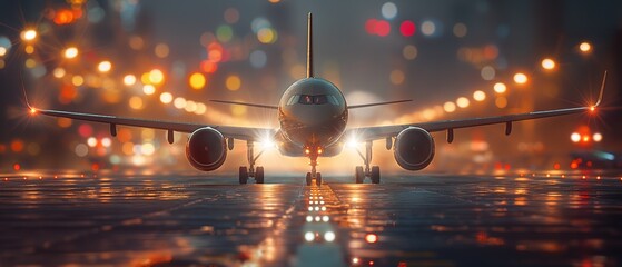 plane on runway with bokeh light at night time, Generative Ai