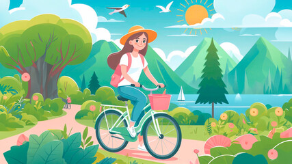 Female tourist on a bicycle during an eco-trip. Cartoon summer vector landscape with a girl riding a bike. Happy active female character