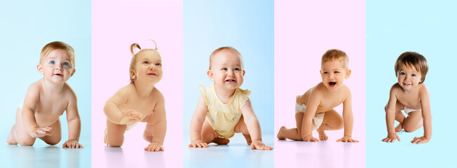Collage made of different little babies, toddlers in diapers, boys and girls crawling, playing against blue yellow background. Concept of childhood, health care, baby emotions, growth